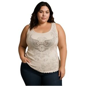 Vintage Guzie Wome Beige Petite Large Tank Top Rhinestone Sleeveless Y2K Retro